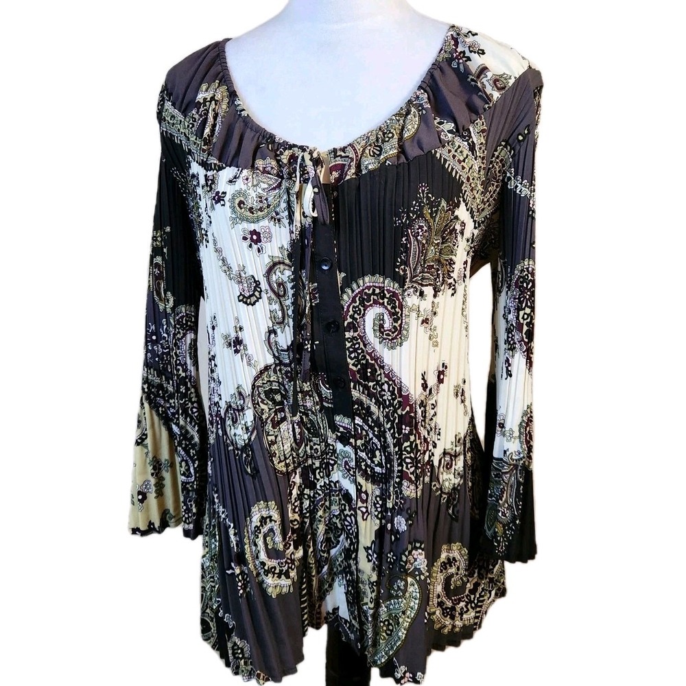 Signature Larry Levine Womens XL Stretch Pleated Blouse Old‎ Money Chainlink Top